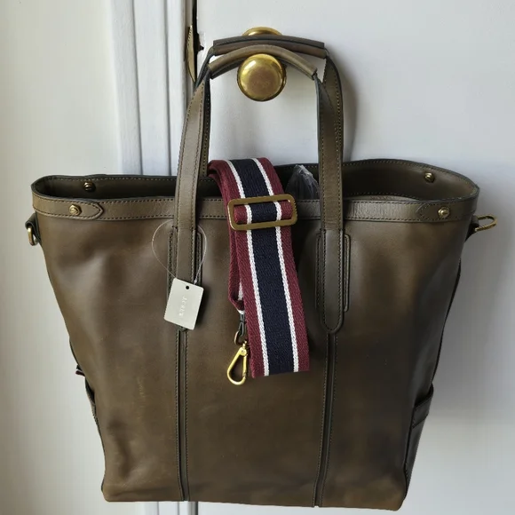 NWT J. Crew Oar Leather Tote Bag Mens Olive Green/Brown - Picture 2 of 16